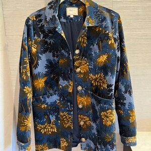 Sezane Blue and Mustard Floral Velvet Blazer